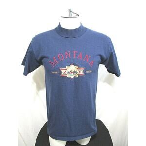 Vintage 90's H.L. Miller Blue Embroidered Montana Single Stitch T Shirt Men Sz M